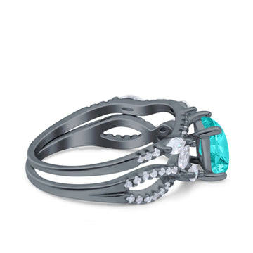 Two Piece Bridal Ring Art Deco Princess Cut Engagement Black Tone, Simulated Paraiba Tourmaline CZ 925 Sterling Silver